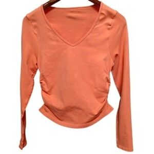 Active OQQ Long Sleeve V Neck Ruched Top Fitted Blouse Casual T Shirt